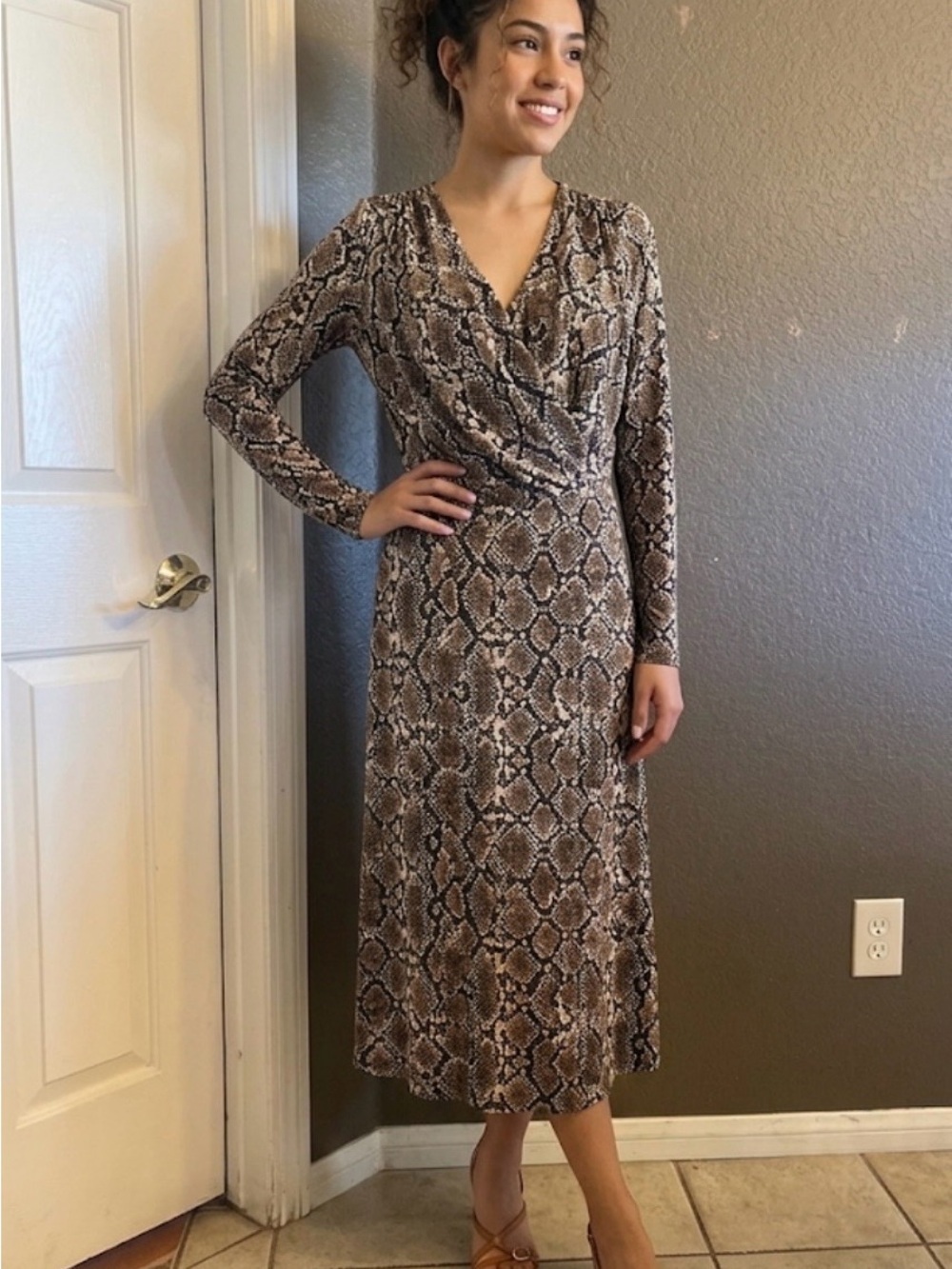Dkny Brown Snake-Print Wrap Midi Dress size 12 BRAND NEW.